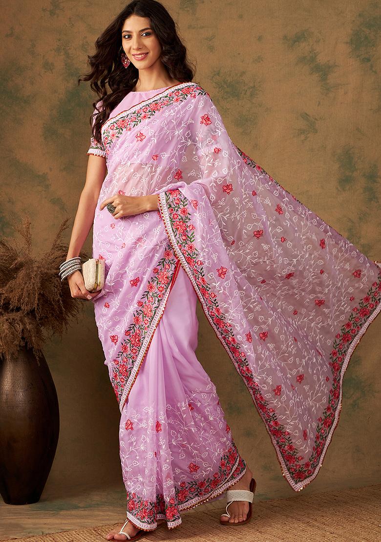 Lavender Embroidered Organza Saree Set