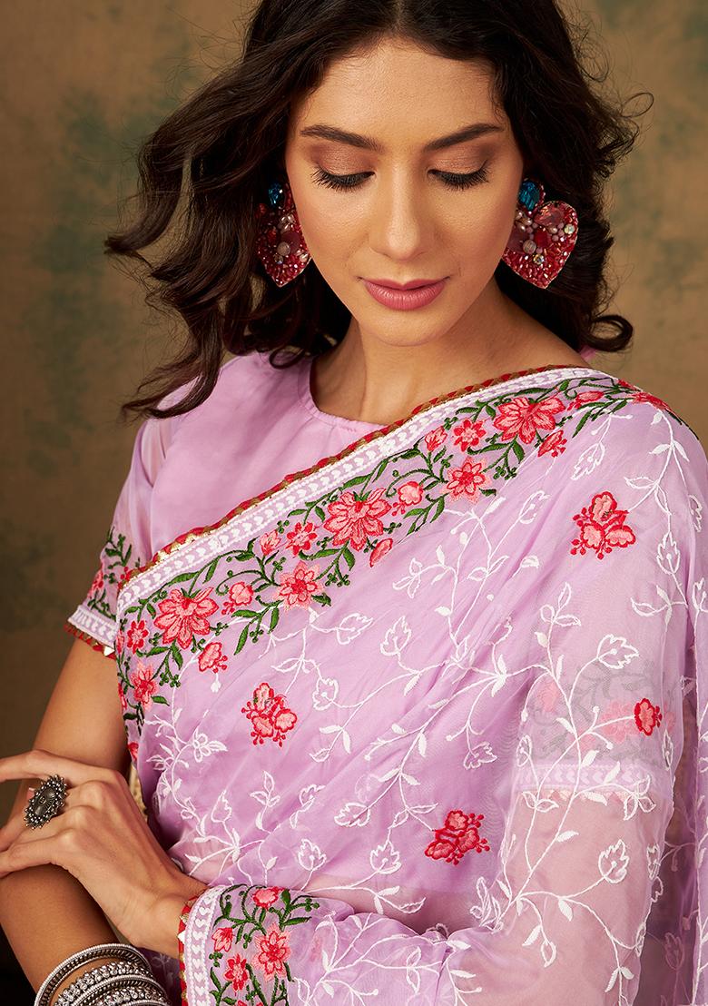 Lavender Embroidered Organza Saree Set