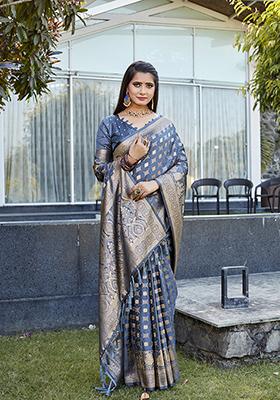 Grey Woven Jacquard Satin Silk Saree Set