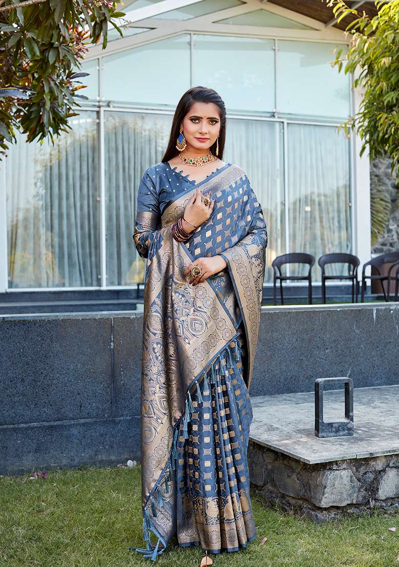 Grey Woven Jacquard Satin Silk Saree Set - Indya