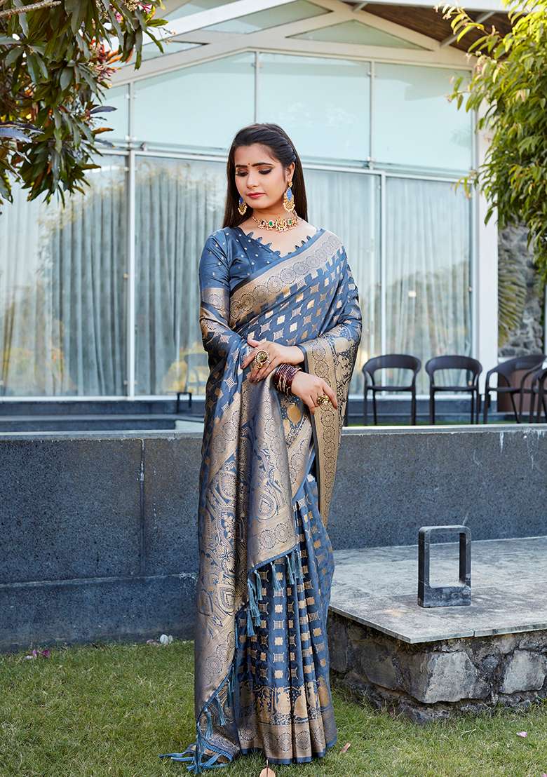 Grey Woven Jacquard Satin Silk Saree Set - Indya
