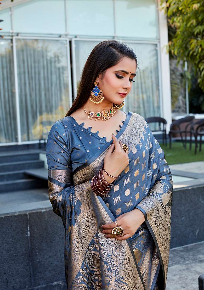 Grey Woven Jacquard Satin Silk Saree Set - Indya