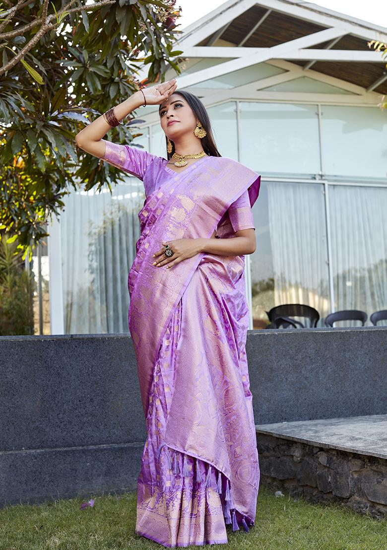 Purple Woven Jacquard Satin Silk Saree Set