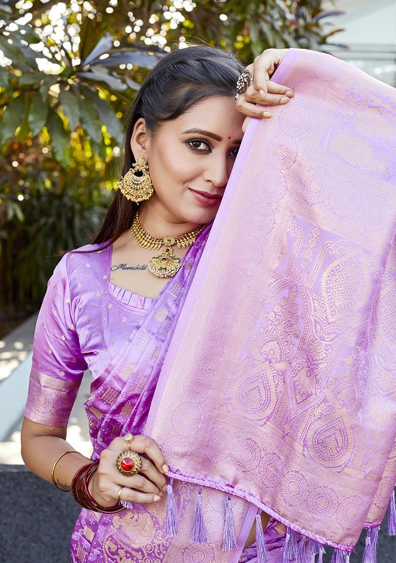 Purple Woven Jacquard Satin Silk Saree Set