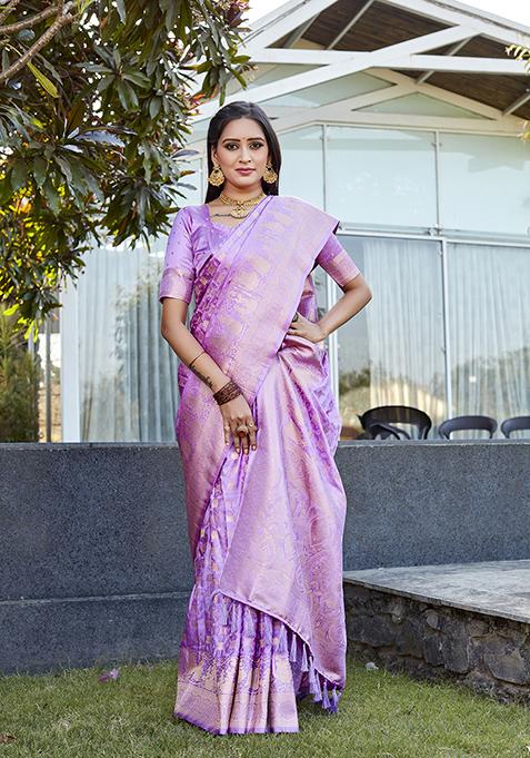 Purple Woven Jacquard Satin Silk Saree Set