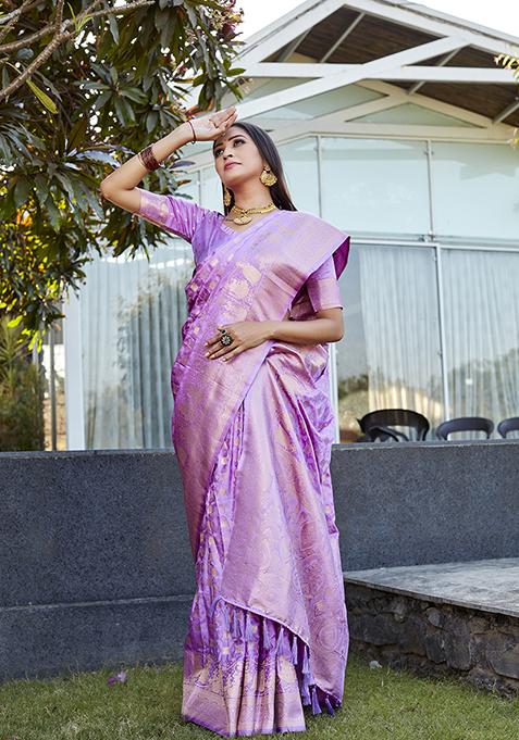Purple Woven Jacquard Satin Silk Saree Set