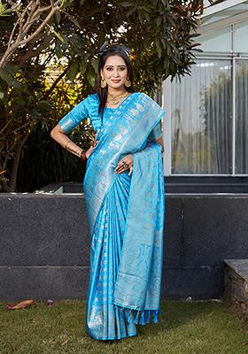 Blue Woven Jacquard Satin Silk Saree Set