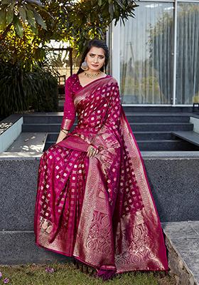 Burgundy Woven Jacquard Satin Silk Saree Set