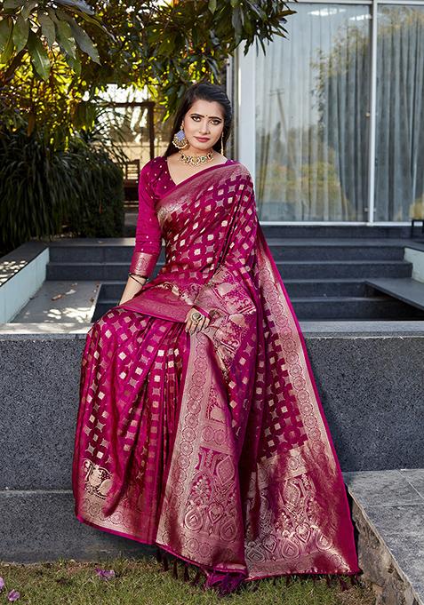 Burgundy Woven Jacquard Satin Silk Saree Set