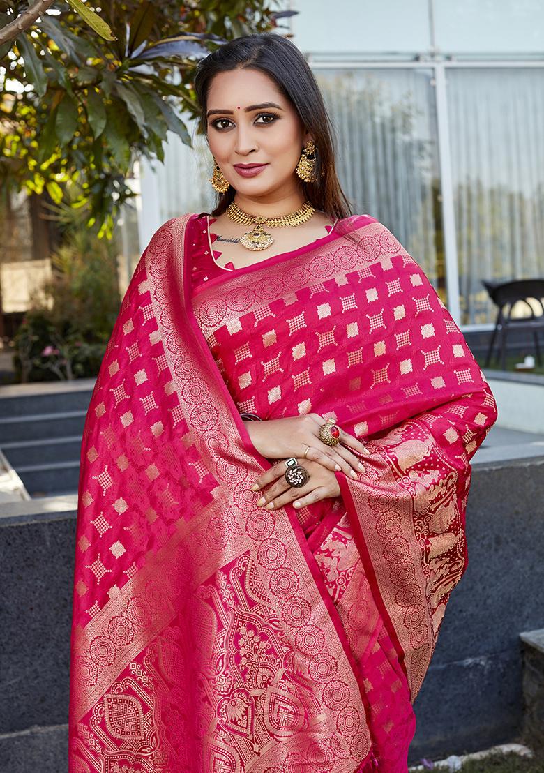 Pink Woven Jacquard Satin Silk Saree Set