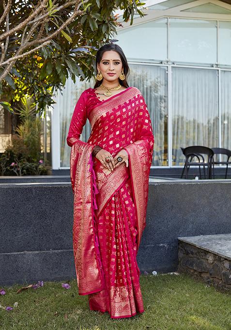 Pink Woven Jacquard Satin Silk Saree Set