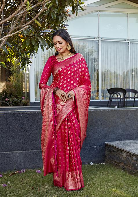 Pink Woven Jacquard Satin Silk Saree Set