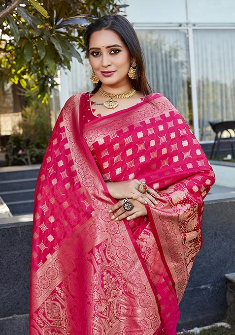 Pink Woven Jacquard Satin Silk Saree Set