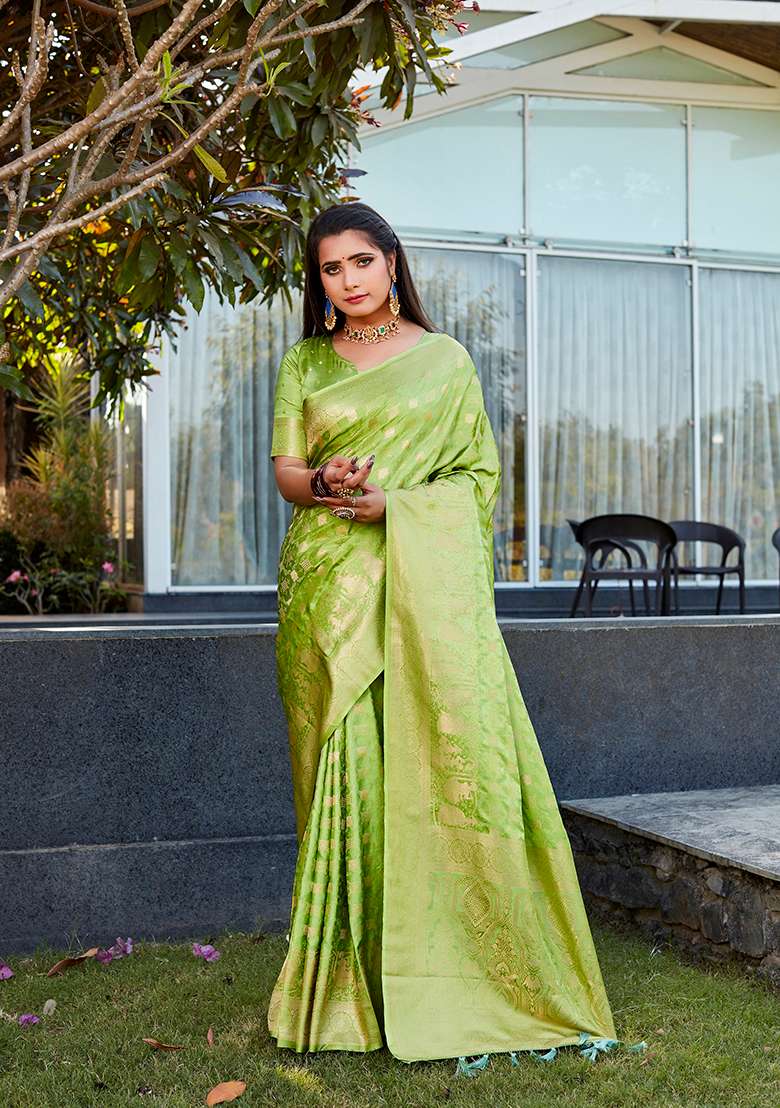 Green Woven Jacquard Satin Silk Saree Set - Indya