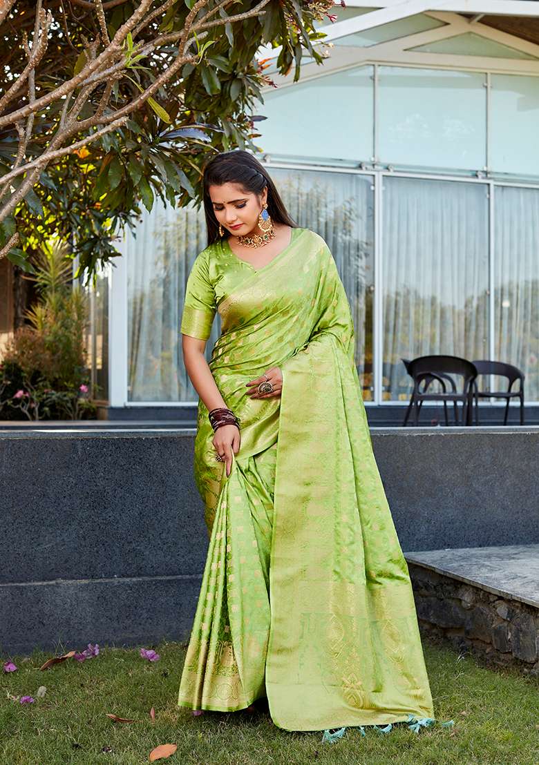 Green Woven Jacquard Satin Silk Saree Set - Indya