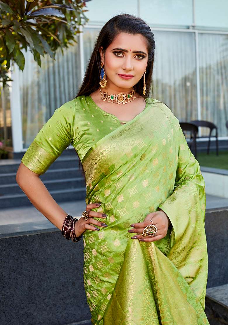 Green Woven Jacquard Satin Silk Saree Set - Indya