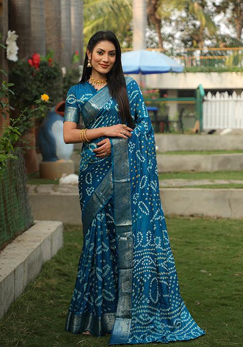 Sky Blue Bandhej Print Handloom Silk Saree Set