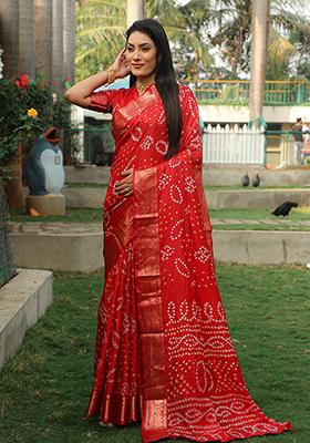 Red Bandhej Print Handloom Silk Saree Set