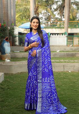 Blue Bandhej Print Handloom Silk Saree Set