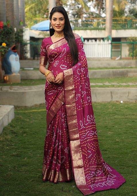 Burgundy Bandhej Print Handloom Silk Saree Set