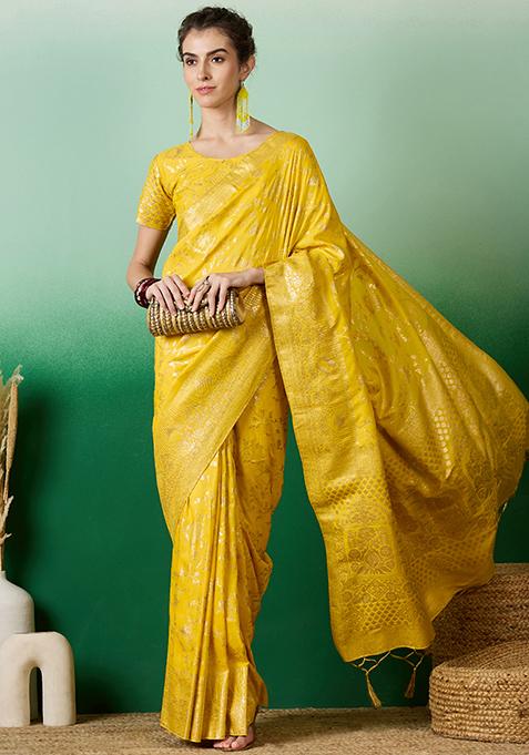 Yellow Woven Staple Dola Cotton Saree Set