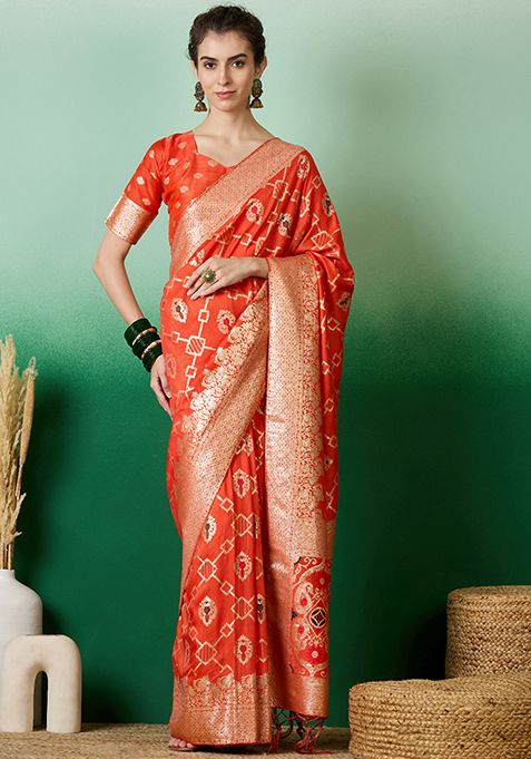 Orange Woven Staple Dola Cotton Saree Set