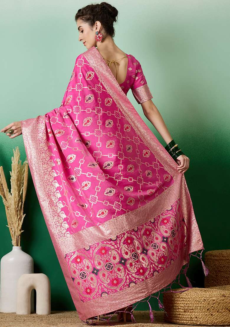 Pink Woven Staple Dola Cotton Saree Set - Indya
