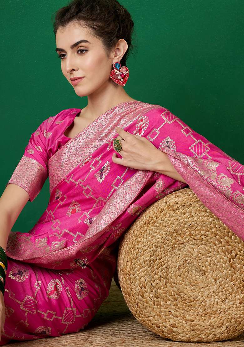 Pink Woven Staple Dola Cotton Saree Set - Indya