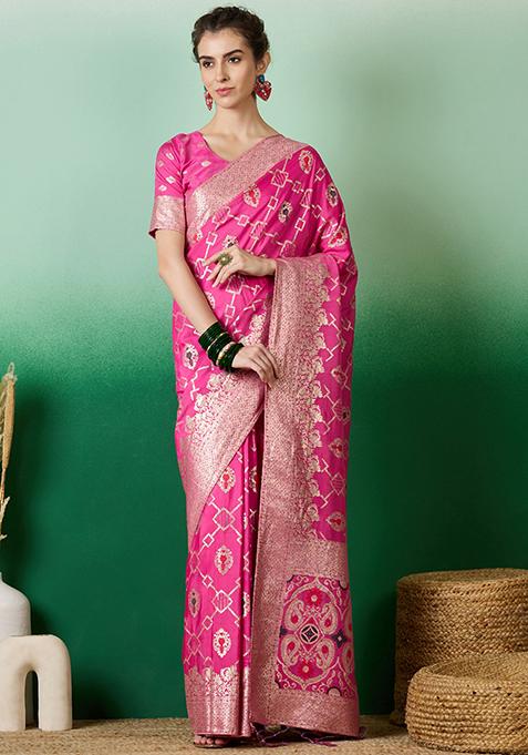 Pink Woven Staple Dola Cotton Saree Set