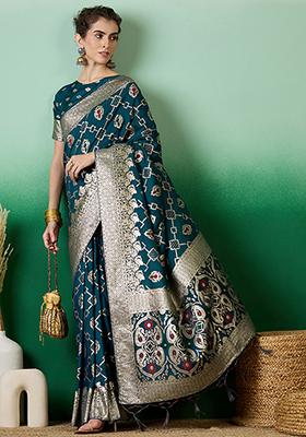 Teal Woven Staple Dola Cotton Saree Set