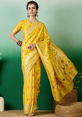 Yellow Woven Staple Dola Cotton Saree Set