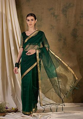 Green Zari Woven Organza Silk Saree Set