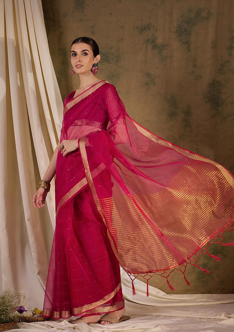 Pink Zari Woven Organza Silk Saree Set