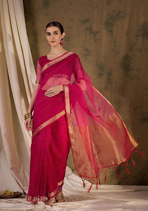 Pink Zari Woven Organza Silk Saree Set