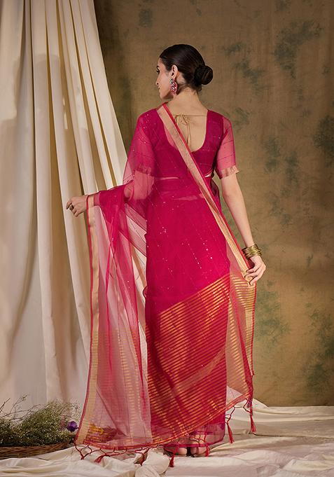 Pink Zari Woven Organza Silk Saree Set