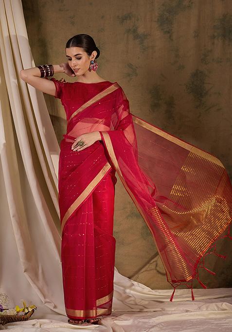 Red Zari Woven Organza Silk Saree Set