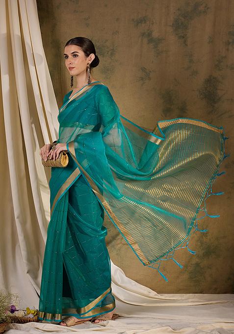 Teal Zari Woven Organza Silk Saree Set