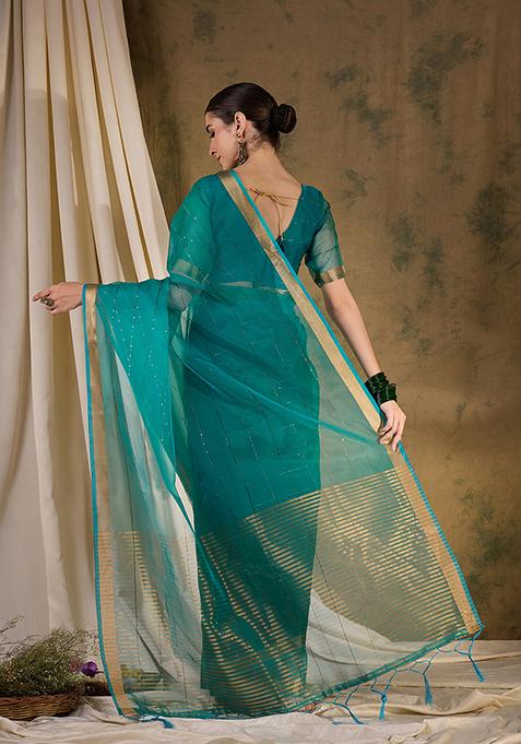 Teal Zari Woven Organza Silk Saree Set