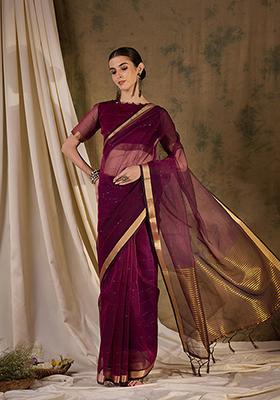 Wine Zari Woven Organza Silk Saree Set