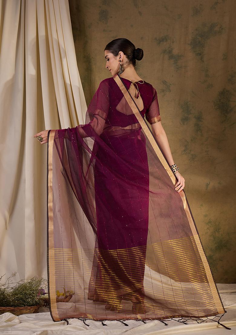 Wine Zari Woven Organza Silk Saree Set