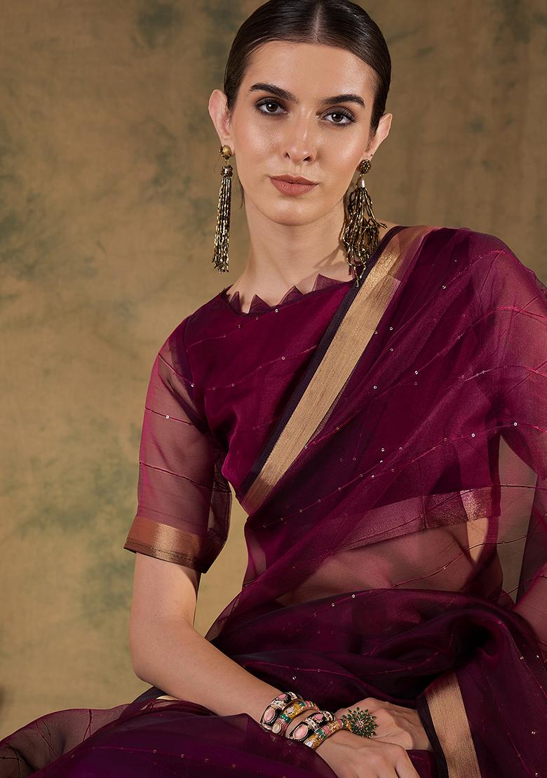 Wine Zari Woven Organza Silk Saree Set