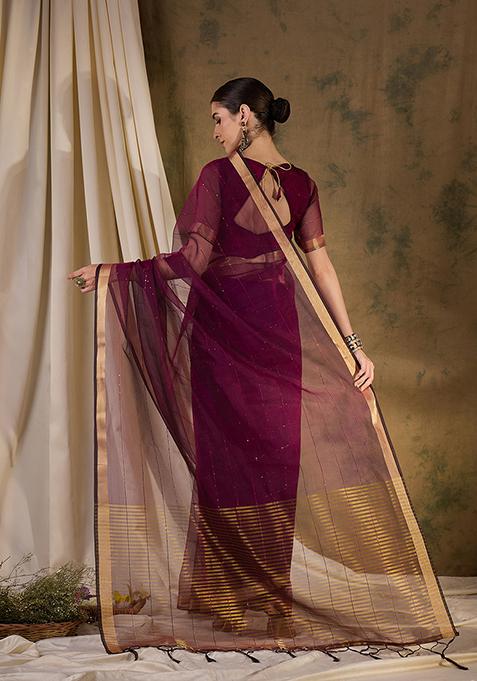 Wine Zari Woven Organza Silk Saree Set