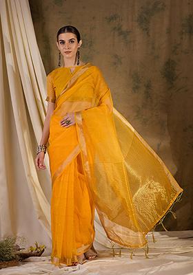 Yellow Zari Woven Organza Silk Saree Set