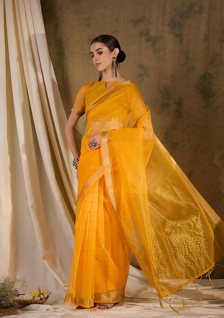 Yellow Zari Woven Organza Silk Saree Set