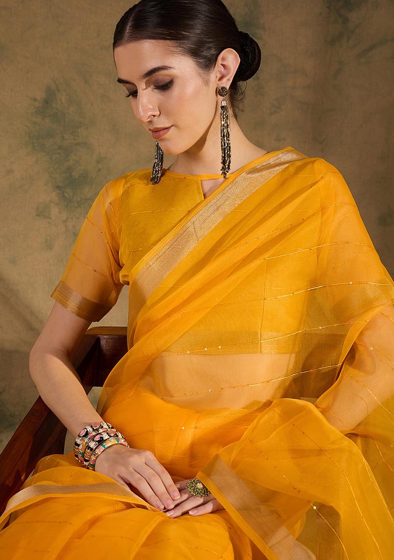 Yellow Zari Woven Organza Silk Saree Set