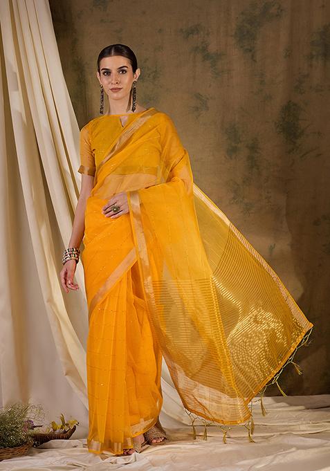 Yellow Zari Woven Organza Silk Saree Set
