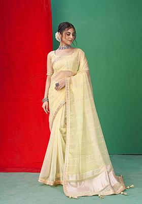 Cream Sequin Embroidered Organza Saree Set