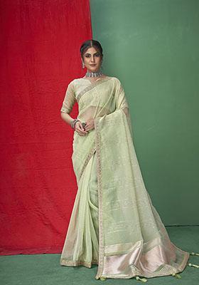 Pista Green Sequin Embroidered Organza Saree Set