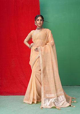 Orange Sequin Embroidered Organza Saree Set