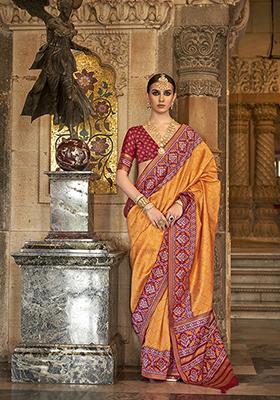 Orange Woven Printed SVP Silk Saree Set